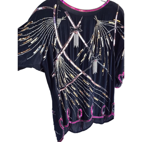 VTG 70s Argenti 100% Pure Silk Black Pink Sequin Beaded Bows Blouse S Hong Kong - Picture 7 of 10